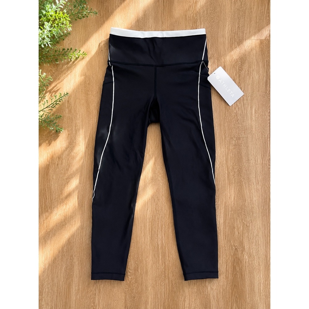 Athleta Interval Stash Tipped 7/8 Tight Black White Leggings NWT Size S